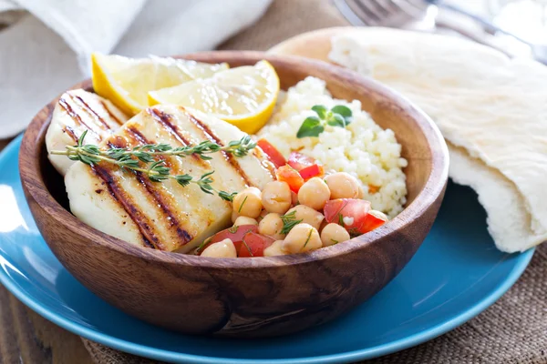 Chickpea salad, cous-cous and grilled cheese — Stock Photo, Image