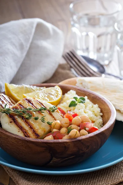 Chickpea salad, cous-cous and grilled cheese — Stock Photo, Image