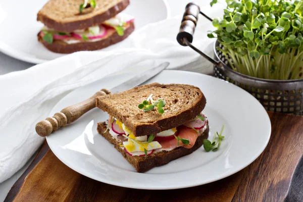 Sanduíche com salmão fumado, rabanetes e ovo — Fotografia de Stock