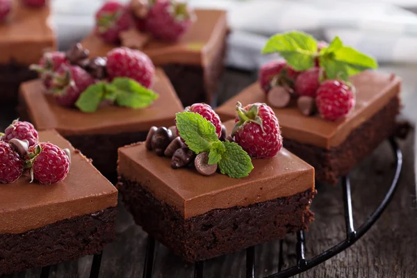 Chocolate mousse brownies with raspberry — Stock Photo, Image