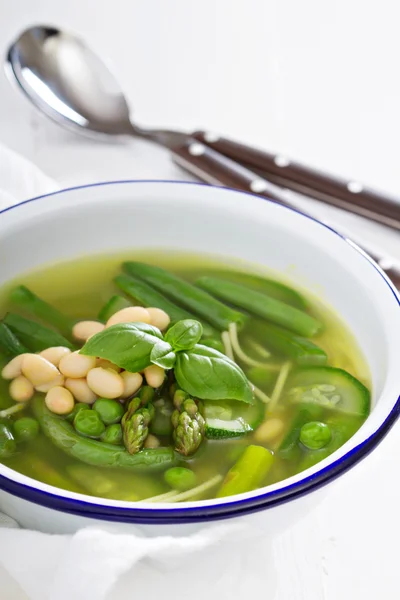 Minestrone soup with spring green vegetables — Stock Photo, Image