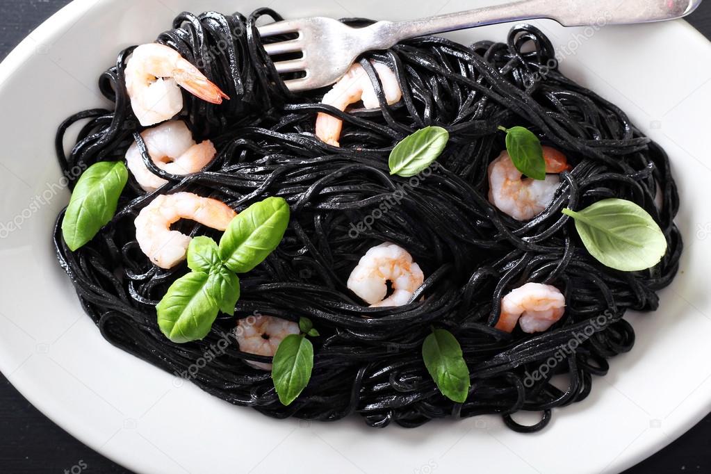 Squid ink homemade pasta with shrimp
