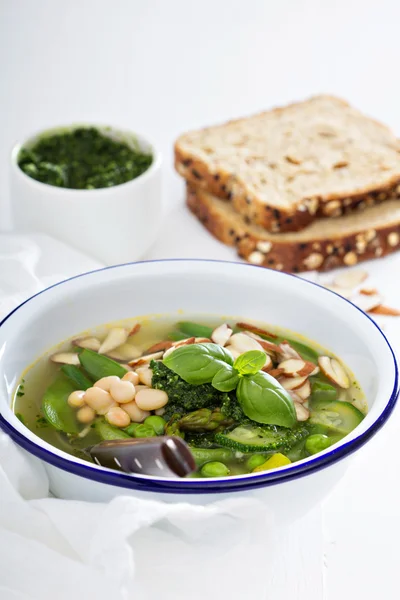 Soupe minestrone aux légumes verts de printemps — Photo