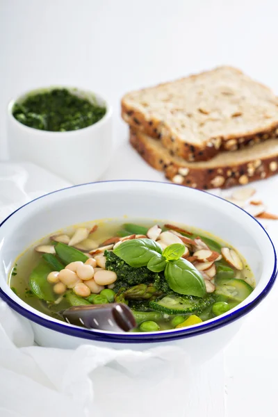 Minestrone soup with spring green vegetables — Stock Image Minestrone soup with spring green vegetables Royalty Free Stock Photos