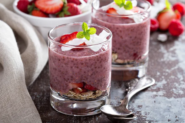 Strawberry chia pudding in glasses — Stock Photo, Image