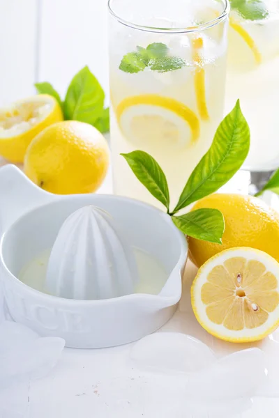 Making homemade lemonade with ceramic juicer — Stock Fotó