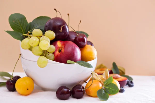 Frutas frescas de hueso en tazón blanco —  Fotos de Stock