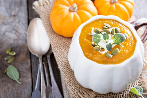 Sopa de abóbora com creme, ervas e sementes — Fotografia de Stock