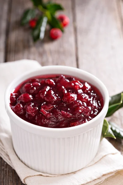Cranberry sauce in ceramic ramekin — Stock Photo, Image