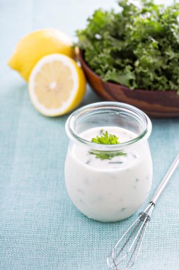 Bir kavanoz içinde ev yapımı çiftlik sosu