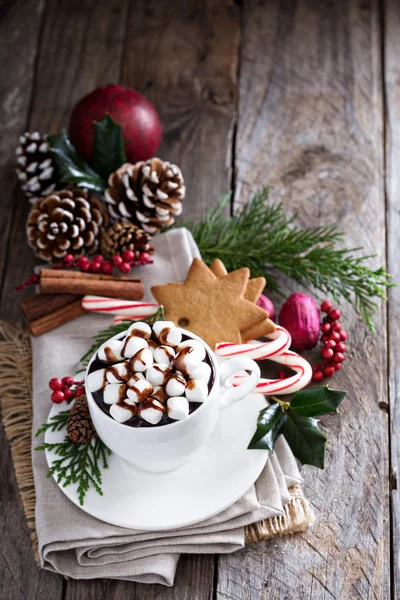Christmas hot chocolate with ornaments — Stock Photo, Image