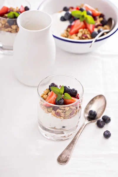 Granola with fresh berries in a blue bowl — Stock Photo, Image