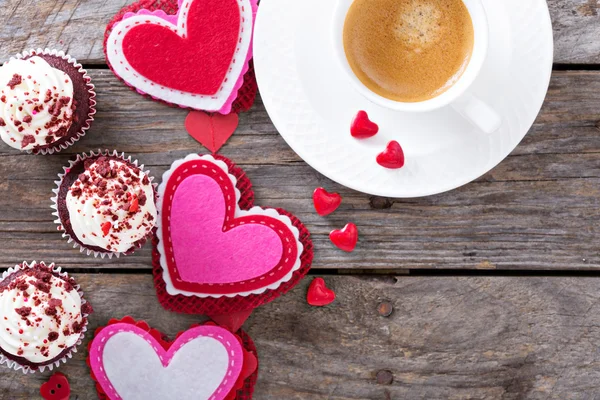 San Valentín café y cupcakes espacio de copia — Foto de Stock