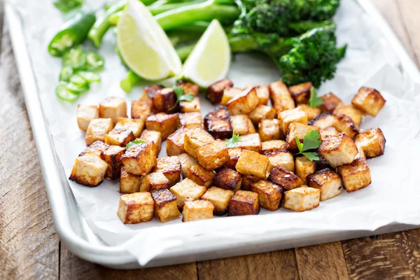 Stir fried tofu in a baking pan — Stock Photo, Image