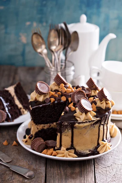 Schokolade Erdnussbutter Kuchen mit Zuckerguss — Stockfoto