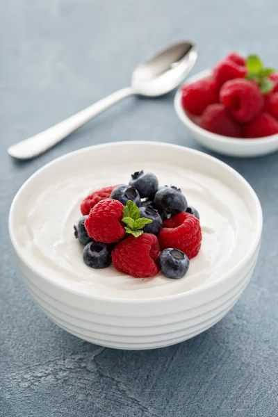 Натуральный йогурт в миске с ягодами — стоковое фото