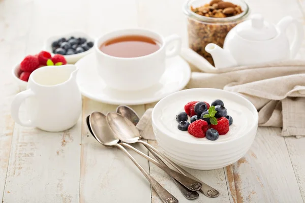 Natural yogurt in a bowl with berries — Stock Photo, Image