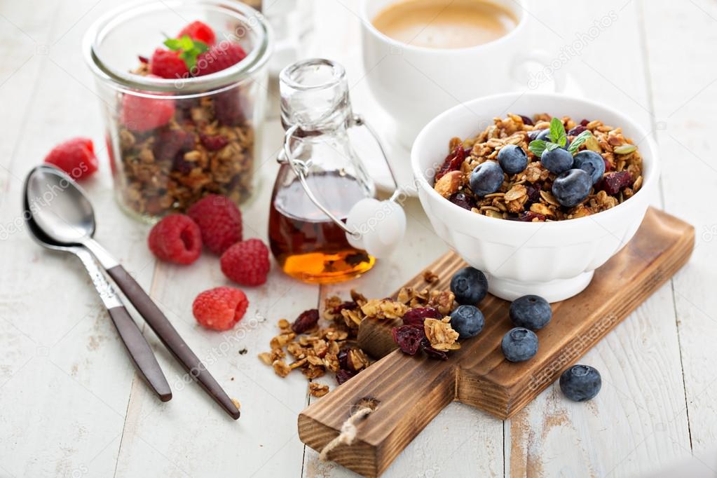 Homemade granola with berries for breakfast