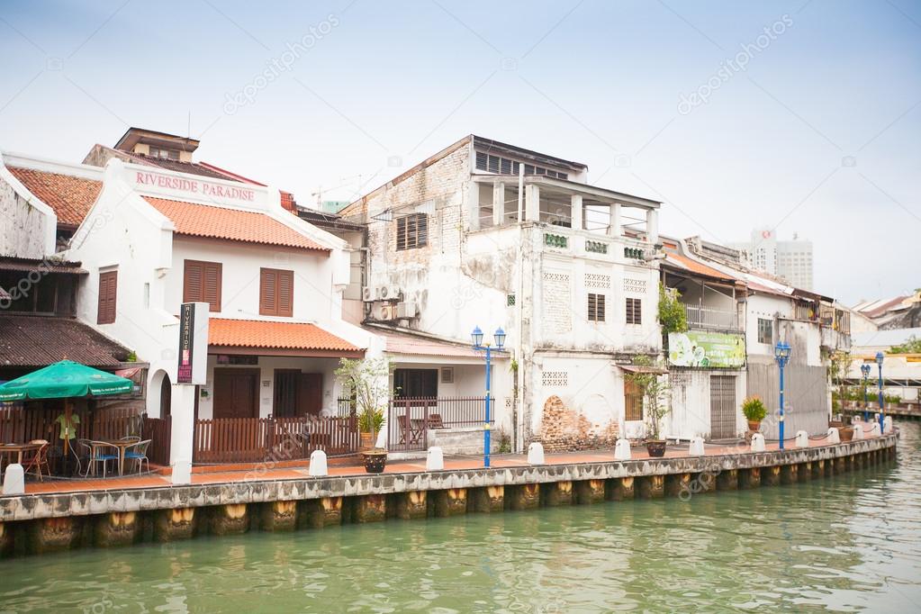Malacca city with house near river under blue sky in Malaysia