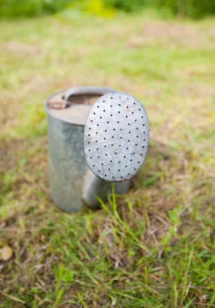 Velho, enferrujado regador de lata de pé na grama — Fotografia de Stock