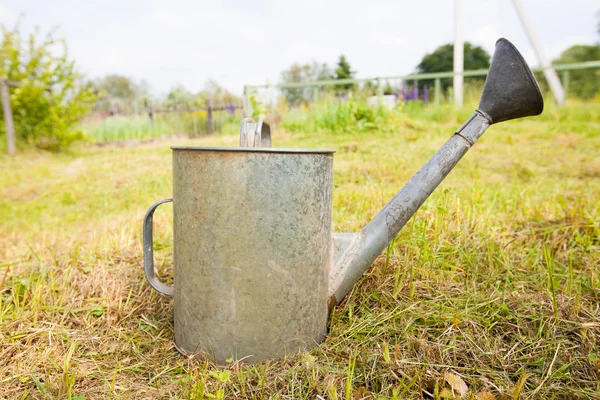 Oude, roestig gieter staande op gras — Stockfoto