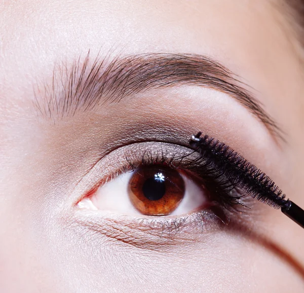 Woman applying mascara on her eyelashes — Stock Photo, Image