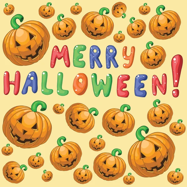 Grußkarte Mit Cartoon Lächelnden Kürbissen Fröhliches Halloween — Stockvektor