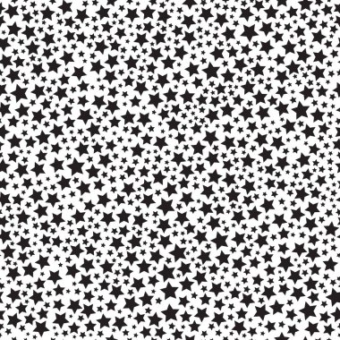Beyaz arka planda siyah yıldızlı kusursuz desen. Duvar kâğıdı, web sayfası arkaplan, ambalaj kağıdı, koleksiyon defteri, tekstil veya kumaş için kullanılabilir. Vektör çizimi. EPS 10.
