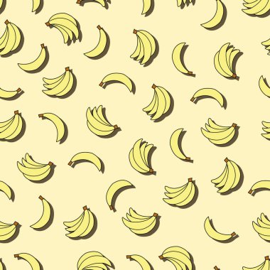 Sarı zemin üzerinde muzlar olan kusursuz bir desen. Duvar kağıdı, şablon dolguları, tebrik kartları, web sayfası geçmişleri, ambalaj kağıdı, hatıra defteri ve tekstil veya kumaş için kullanılabilir. Vektör çizimi. EPS 10.