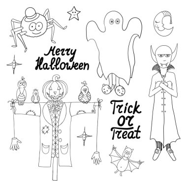 Cadılar Bayramı karakterleri ve beyaz arkaplanda izole edilmiş kelimeler. Cadılar bayramın kutlu olsun. Şeker mi şaka mı? Vektör çizimi. Eps 10. 