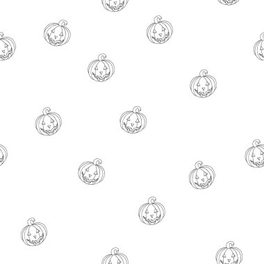 Balkabağı desenli kusursuz cadılar bayramı çizgi filmi. Duvar kağıdı, şablon dolguları, tebrik kartları, web sayfası geçmişleri, ambalaj kağıdı, hatıra defteri ve tekstil veya kumaş için kullanılabilir. Vektör çizimi. EPS 10.