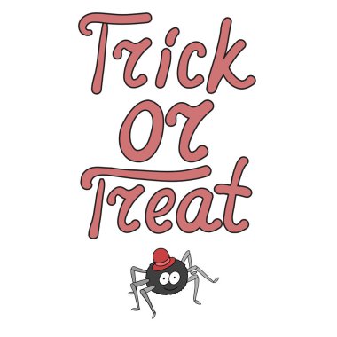 Çizgi film kelime şakası ya da şeker ve beyaz arka planda izole örümcek. Cadılar Bayramı tebrik kartları için kullanılabilir. Vektör çizimi. EPS 10. 