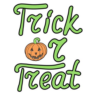 Karikatür balkabağı ve kelimeler beyaz arka planda izole edilmiş şeker ya da şaka. Cadılar Bayramı tebrik kartları için kullanılabilir. Vektör çizimi. EPS 10. 