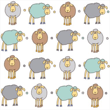 Eğlenceli renkli koyunlarla kusursuz bir geçmişi var. Duvar kağıdı, şablon dolguları, tebrik kartları, web sayfası geçmişleri, ambalaj kağıdı, hatıra defteri veya kumaş için kullanılabilir. Vektör çizimi. EPS 10.