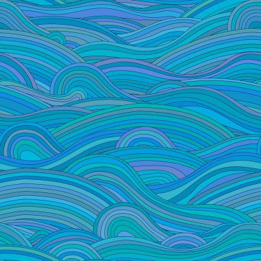 Dalgalarla kusursuz ve alışılmadık desen. Duvar kağıdı, şablon dolguları, tebrik kartları, web sayfası geçmişleri, ambalaj kağıdı veya kumaş için kullanılabilir. Vektör çizimi. EPS 10