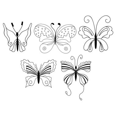 Beyaz arka planda izole edilmiş bir dizi sevimli kelebek. Boyamak için iyi. Vektör çizimi. EPS 10.