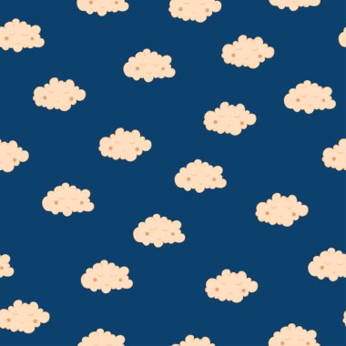 Beautiful seamless pattern with cute sleeping clouds. Good night! For textile, fabric, bedroom interiors: wallpaper, pillow, blanket, pajamas. Good for restful sleep. clipart