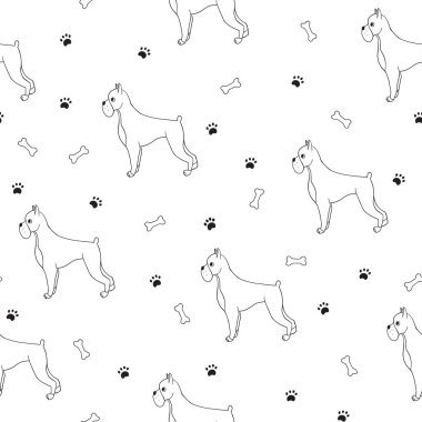 Çizgi filmlerdeki sevimli köpekleri olan kusursuz bir desen. Breed-boksör. Duvar kağıdı, desen dolguları, tebrik kartları, web sayfası geçmişleri, ambalaj kağıdı, tekstil ya da kumaş için iyi. Vektör illüstrasyonu.