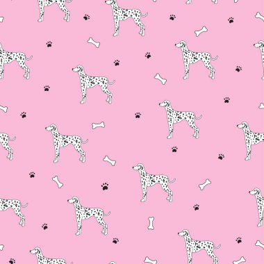 Şirin bir köpekle mükemmel kusursuz bir desen. Dalmaçyalı çifti. Duvar kağıdı, şablon dolguları, tebrik kartları, web sayfası geçmişleri, ambalaj kağıdı ve tekstil veya kumaş için kullanılabilir. Vektör illüstrasyonu.