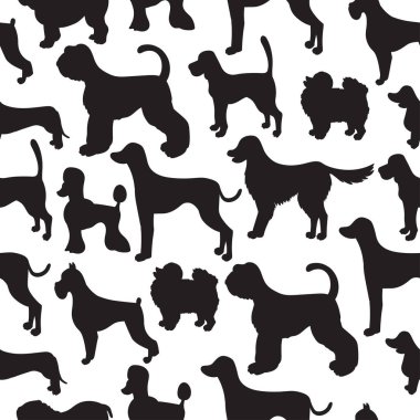 Köpek siluetleriyle mükemmel, pürüzsüz desen. Farklı türler. Duvar kağıdı, desen dolguları, tebrik kartları, web sayfası geçmişleri, ambalaj kağıdı, tekstil ya da kumaş için iyi. Vektör illüstrasyonu.