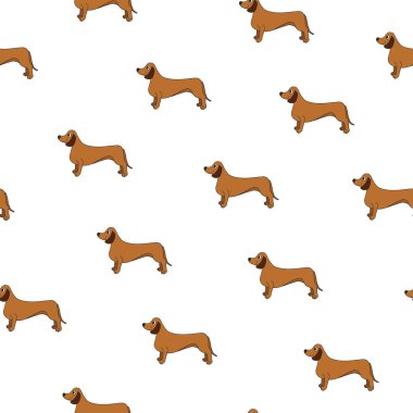 Sevimli köpekle alışılmadık, pürüzsüz bir desen. Dachshund cinsi. Duvar kağıdı, şablon dolguları, tebrik kartları, web sayfası geçmişleri, ambalaj kağıdı ve tekstil veya kumaş için kullanılabilir. Vektör illüstrasyonu.