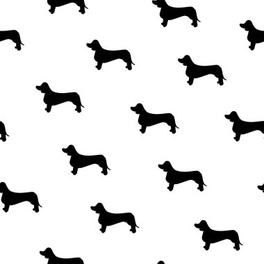 Şirin köpekle kusursuz bir desen. Dachshund cinsi. Duvar kağıdı, şablon dolguları, tebrik kartları, web sayfası geçmişleri, ambalaj kağıdı ve tekstil veya kumaş için kullanılabilir. Vektör illüstrasyonu.