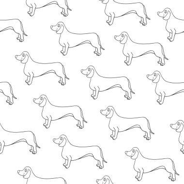 Kusursuz bir desen ve muhteşem bir köpek şekli. Dachshund cinsi. Duvar kağıdı, şablon dolguları, tebrik kartları, web sayfası geçmişleri, ambalaj kağıdı ve tekstil veya kumaş için kullanılabilir. Vektör illüstrasyonu.