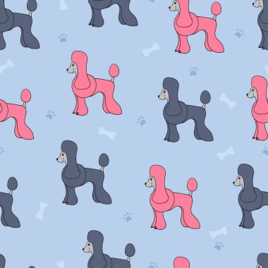 Çizgi filmlerdeki sevimli köpeklerle alışılmadık, pürüzsüz bir desen. Yavru kaniş. Duvar kağıdı, şablon dolguları, tebrik kartları, web sayfası geçmişleri, ambalaj kağıdı ve tekstil veya kumaş için kullanılabilir. Vektör illüstrasyonu.