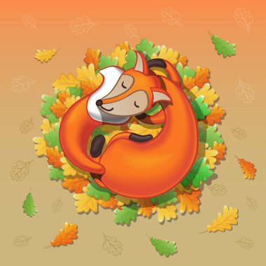 Şirin çizgi film tilkisi meşe yapraklarının üzerinde uyuyor. İyi geceler! Vektör illüstrasyonu. 