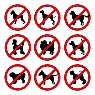 Set of dog prohibition signs. Different breeds. Black silhouettes. Isolated on white. Vector illustration.  clipart