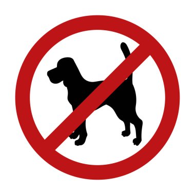 Beyaz arka planda köpek yasağı belirtileri var. Siyah siluet. Çiftleşme köpeği. Vektör illüstrasyonu.  