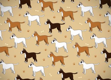 Çizgi filmlerdeki sevimli köpeklerin olduğu ilginç bir tebrik kartı. Boğa yetiştiricisi. Duvar kağıdı, desen dolguları, tebrik kartları, web sayfası geçmişleri, ambalaj kağıdı, tekstil ya da kumaş için iyi. Vektör illüstrasyonu.