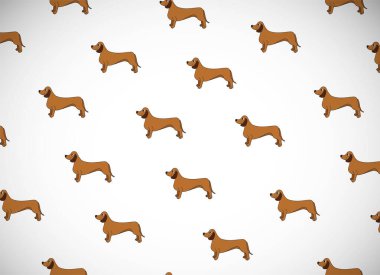 Çizgi filmlerdeki sevimli köpeklerin olduğu tebrik kartı. Dachshund cinsi. Duvar kağıdı, desen dolguları, tebrik kartları, web sayfası geçmişleri, ambalaj kağıdı, tekstil ya da kumaş için iyi. Vektör illüstrasyonu. 