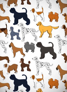 Çizgi filmlerdeki köpeklerin olduğu hoş bir tebrik kartı. Farklı türler. Duvar kağıdı, desen dolguları, tebrik kartları, web sayfası geçmişleri, ambalaj kağıdı, tekstil ya da kumaş için iyi. Vektör illüstrasyonu.